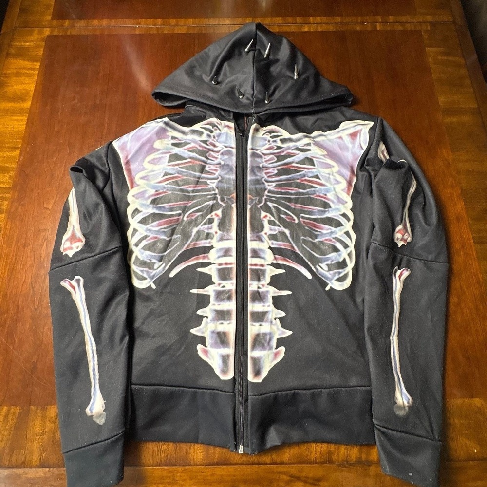 Skeleton X-Ray Zip Up Hoodie Black Studded Hood Size L